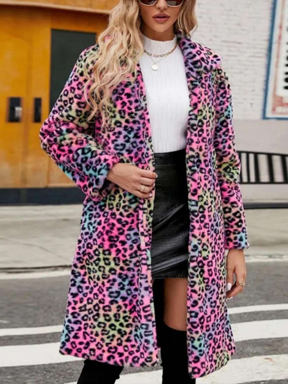 Multicolor Pastel Leopard Faux Fur Coat - Picture 3 of 4